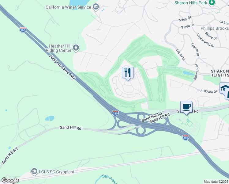 map of restaurants, bars, coffee shops, grocery stores, and more near 540 Sand Hill Circle in Menlo Park