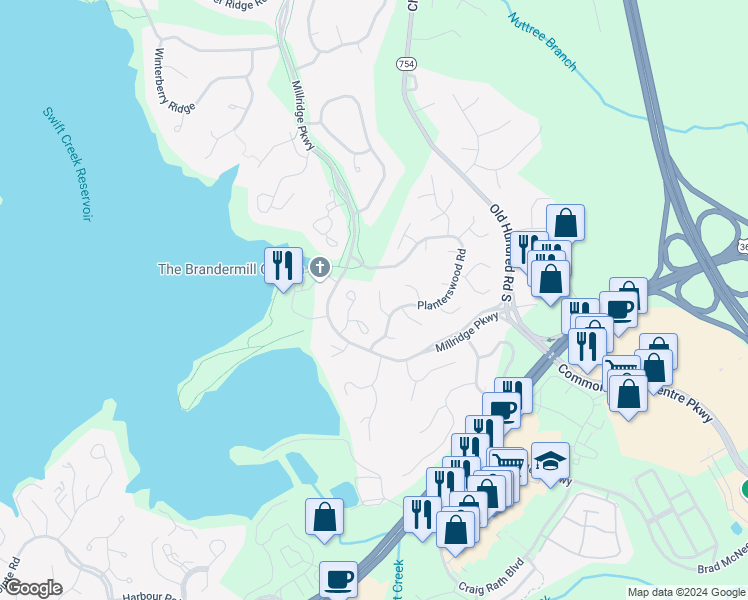 map of restaurants, bars, coffee shops, grocery stores, and more near 4608 Painted Post Lane in Midlothian