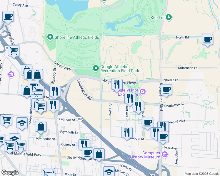 map of restaurants, bars, coffee shops, grocery stores, and more near 9911 Amphitheatre Parkway in Mountain View