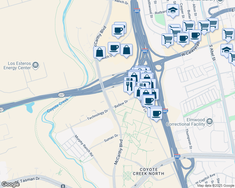 map of restaurants, bars, coffee shops, grocery stores, and more near 367 Cypress Drive in Milpitas