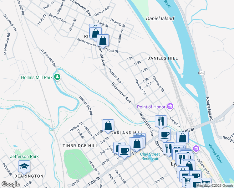 map of restaurants, bars, coffee shops, grocery stores, and more near 441 Rivermont Ave in Lynchburg