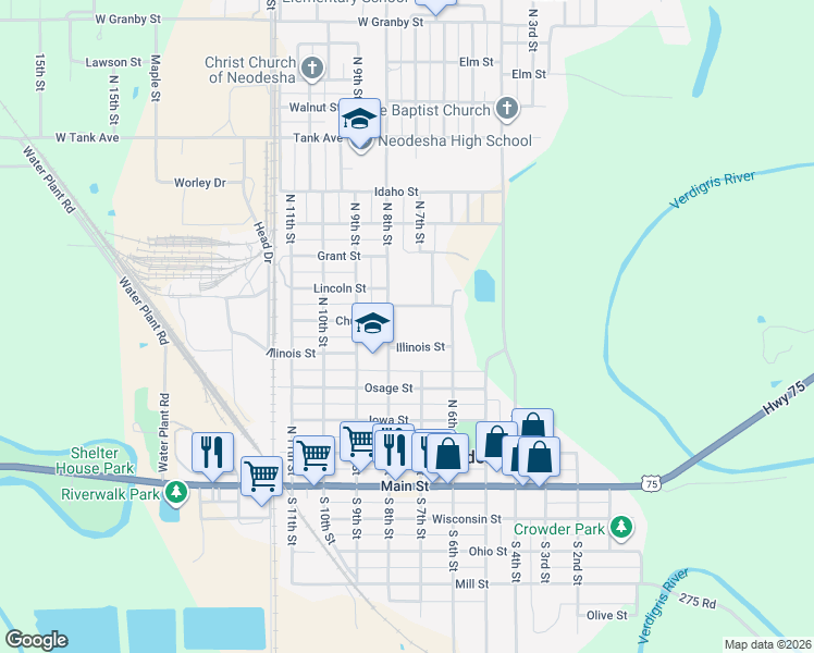 map of restaurants, bars, coffee shops, grocery stores, and more near 544-598 N 8th St in Neodesha