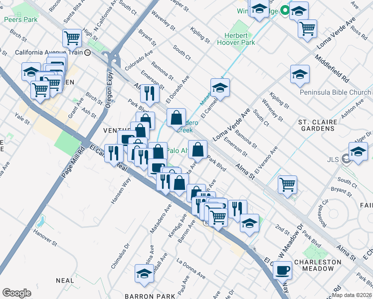 map of restaurants, bars, coffee shops, grocery stores, and more near 260 Fernando Avenue in Palo Alto