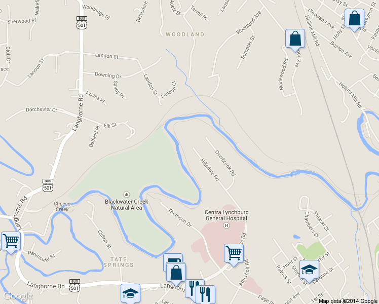 map of restaurants, bars, coffee shops, grocery stores, and more near 1949 Hillsdale Road in Lynchburg