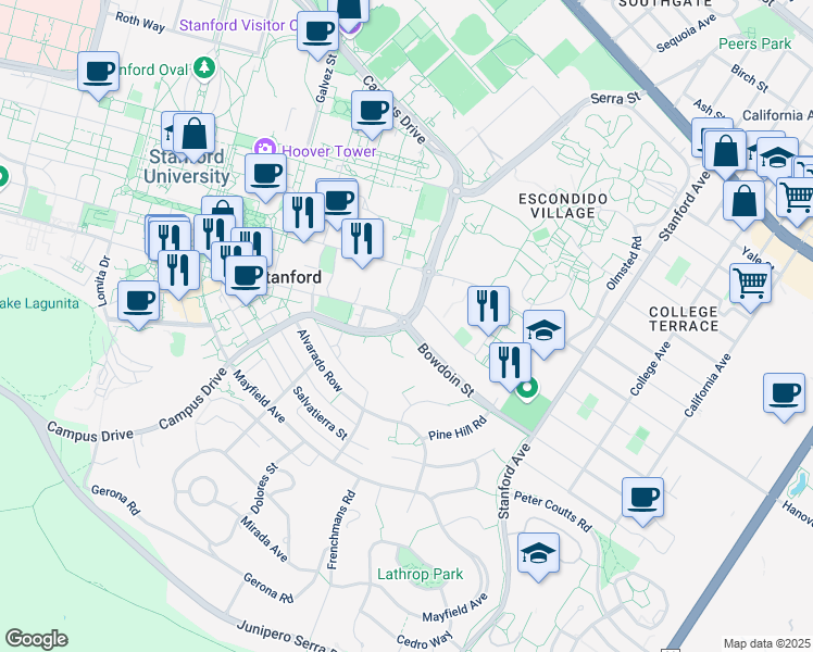 map of restaurants, bars, coffee shops, grocery stores, and more near Bowdoin Lane in Stanford