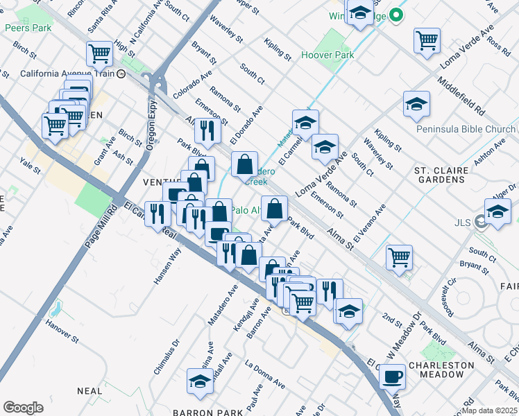 map of restaurants, bars, coffee shops, grocery stores, and more near 250 Fernando Avenue in Palo Alto