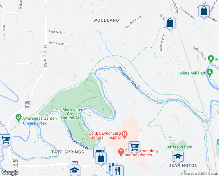 map of restaurants, bars, coffee shops, grocery stores, and more near 1949 Hillsdale Road in Lynchburg