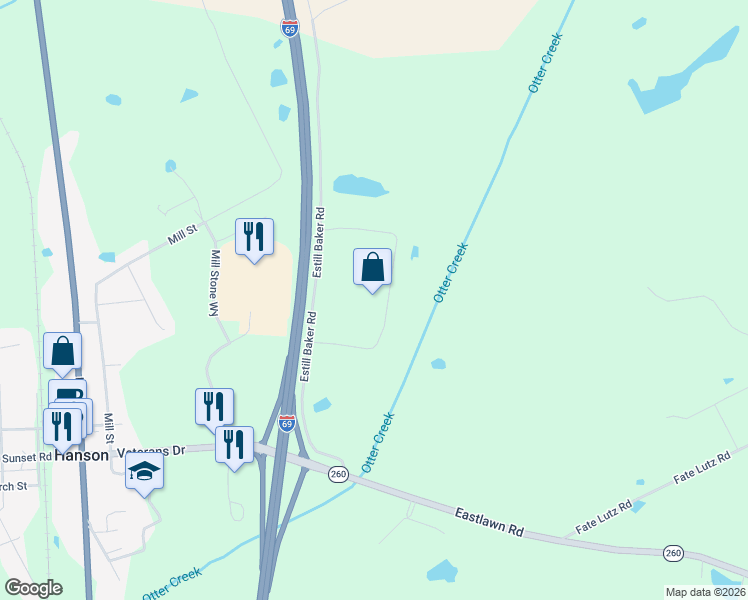 map of restaurants, bars, coffee shops, grocery stores, and more near 380 Estill Baker Road in Hanson