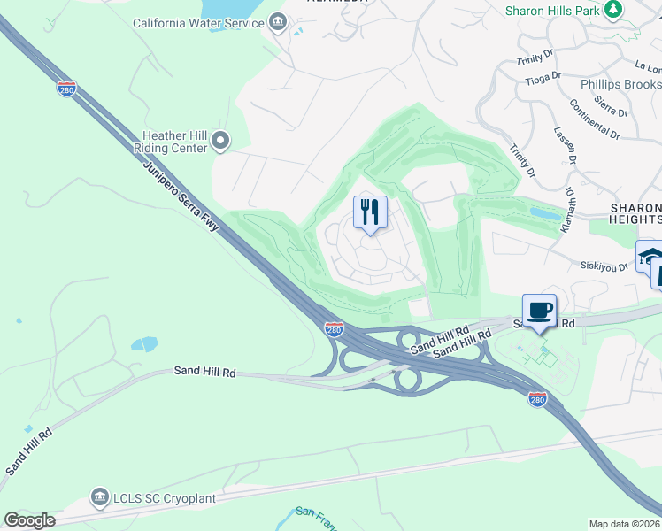 map of restaurants, bars, coffee shops, grocery stores, and more near 540 Sand Hill Circle in Menlo Park