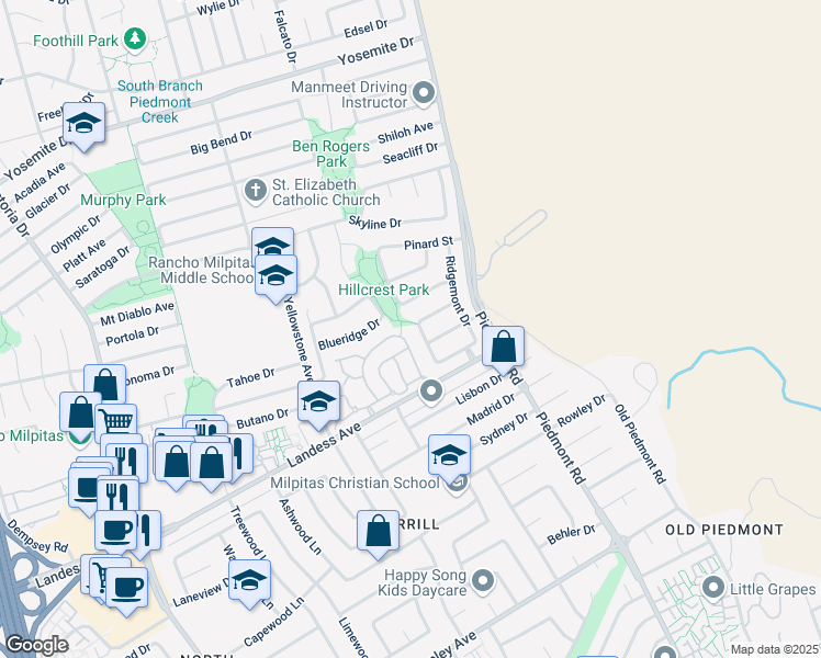 map of restaurants, bars, coffee shops, grocery stores, and more near 2219 Cuesta Drive in Milpitas
