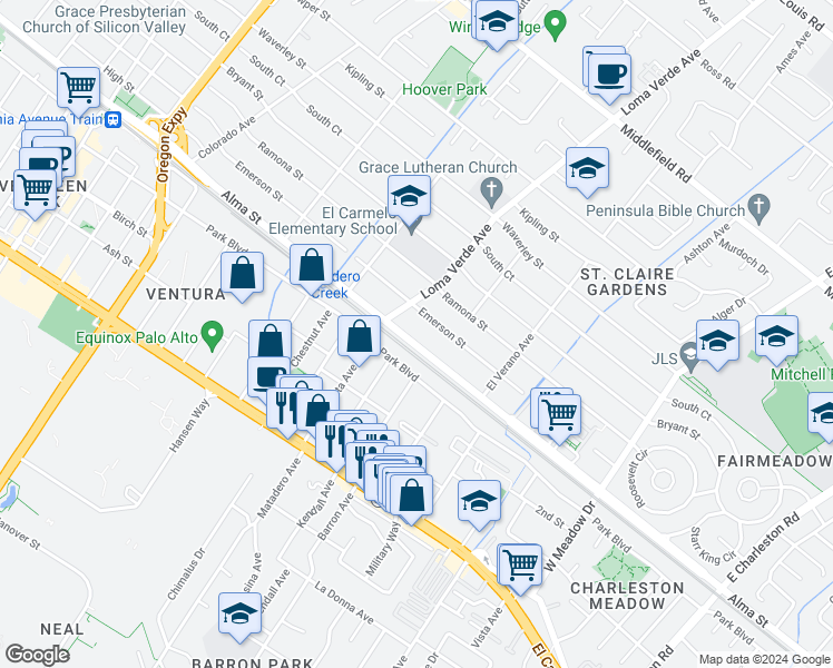 map of restaurants, bars, coffee shops, grocery stores, and more near 3153 Alma Street in Palo Alto