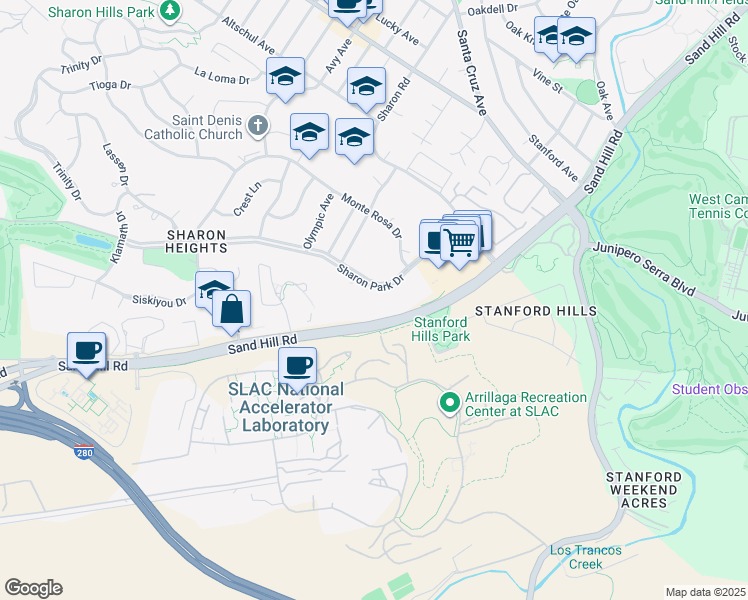 map of restaurants, bars, coffee shops, grocery stores, and more near 675 Sharon Park Drive in Menlo Park