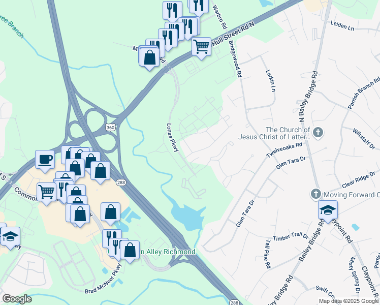 map of restaurants, bars, coffee shops, grocery stores, and more near 12617 Wescott Drive in Midlothian