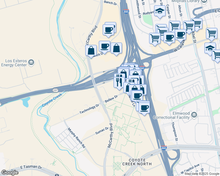 map of restaurants, bars, coffee shops, grocery stores, and more near 330 Cypress Drive in Milpitas