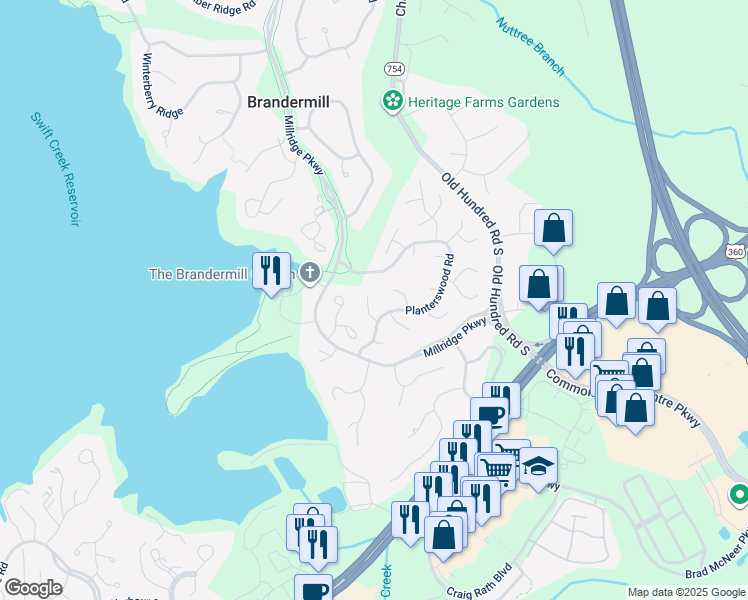 map of restaurants, bars, coffee shops, grocery stores, and more near 4605 Painted Post Lane in Midlothian