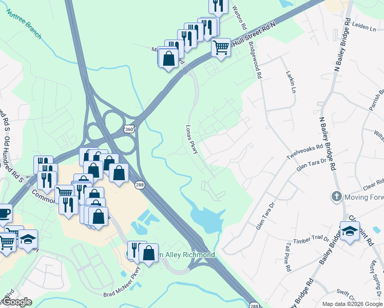 map of restaurants, bars, coffee shops, grocery stores, and more near 4050 Lonas Parkway in Midlothian