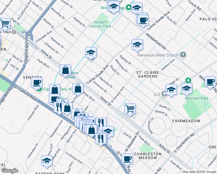 map of restaurants, bars, coffee shops, grocery stores, and more near 3222 Ramona Street in Palo Alto