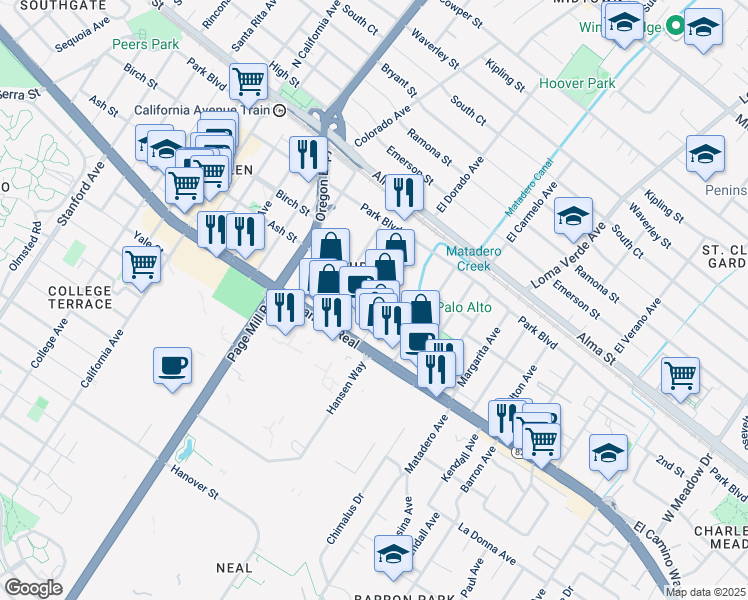 map of restaurants, bars, coffee shops, grocery stores, and more near 380 Portage Avenue in Palo Alto
