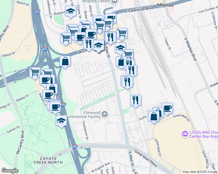 map of restaurants, bars, coffee shops, grocery stores, and more near 1014 Mente Linda Loop in Milpitas