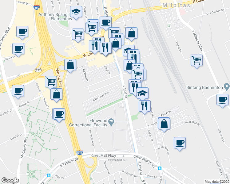 map of restaurants, bars, coffee shops, grocery stores, and more near 1014 Mente Linda Loop in Milpitas