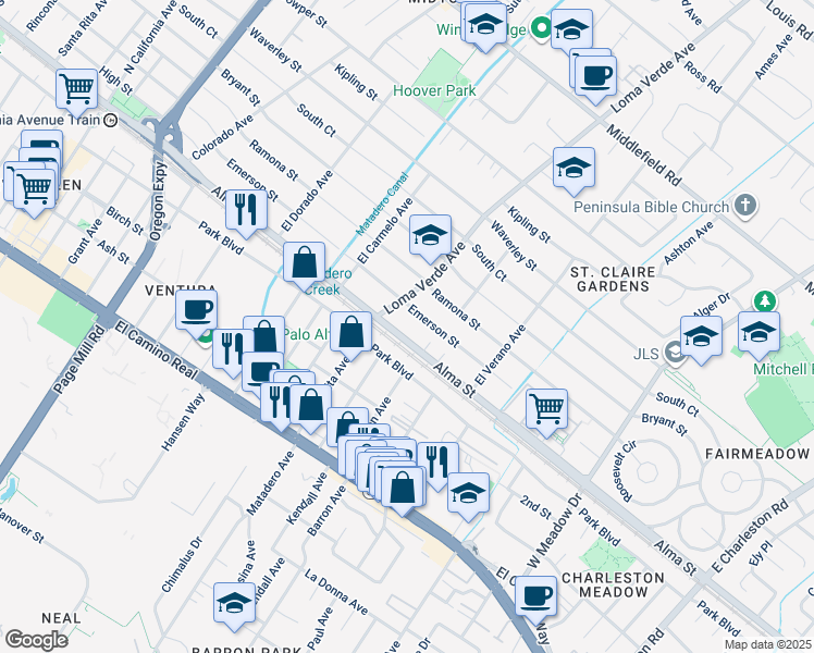 map of restaurants, bars, coffee shops, grocery stores, and more near 3153 Alma Street in Palo Alto