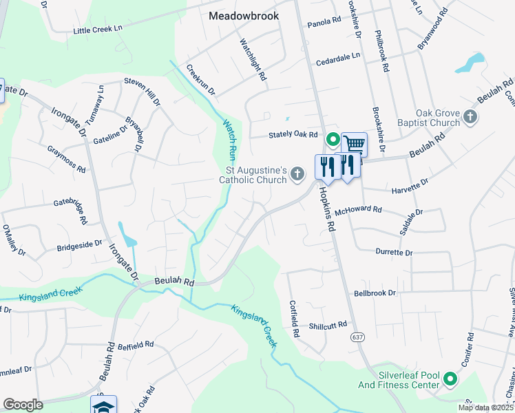 map of restaurants, bars, coffee shops, grocery stores, and more near 6801 Mason Run Drive in Richmond