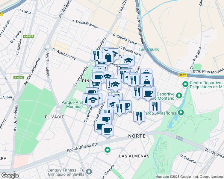 map of restaurants, bars, coffee shops, grocery stores, and more near 3 Calle Estrella Adara in Sevilla