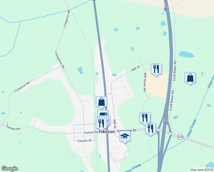 map of restaurants, bars, coffee shops, grocery stores, and more near 7301 Hanson Road in Hanson