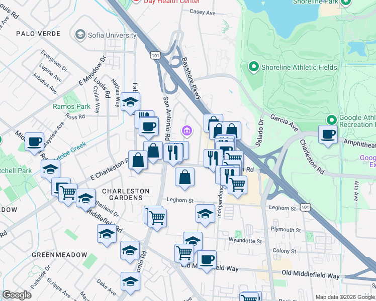 map of restaurants, bars, coffee shops, grocery stores, and more near 941 East Charleston Road in Palo Alto