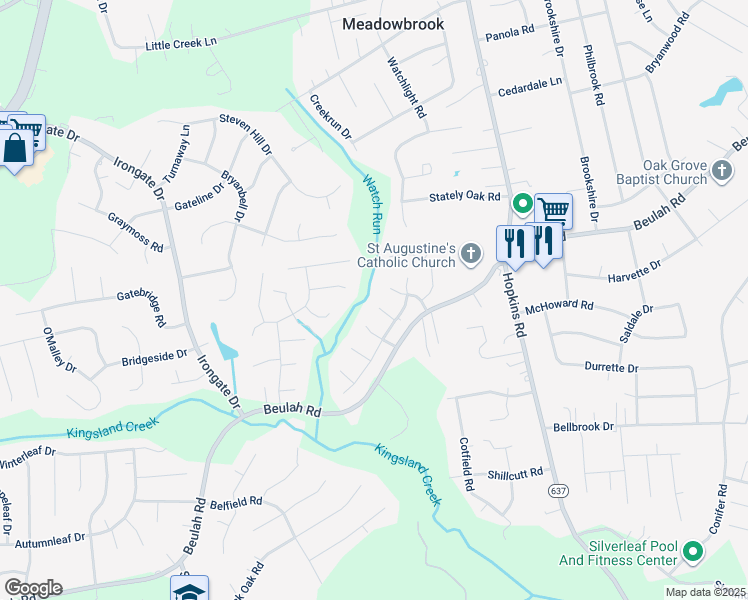 map of restaurants, bars, coffee shops, grocery stores, and more near 4608 East Run Court in Richmond