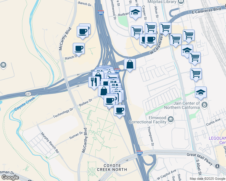 map of restaurants, bars, coffee shops, grocery stores, and more near 338 Barber Lane in Milpitas