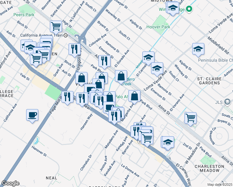 map of restaurants, bars, coffee shops, grocery stores, and more near 231 Lambert Avenue in Palo Alto