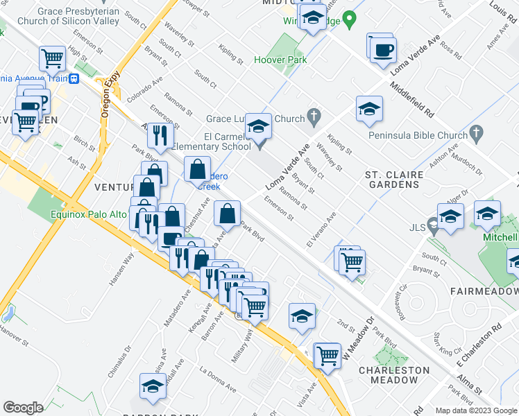 map of restaurants, bars, coffee shops, grocery stores, and more near 3133 Emerson Street in Palo Alto