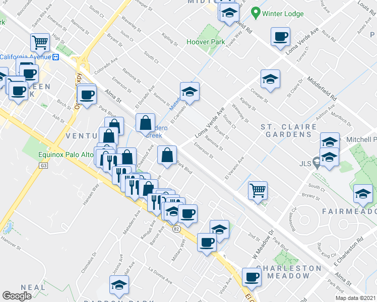 map of restaurants, bars, coffee shops, grocery stores, and more near in Palo Alto