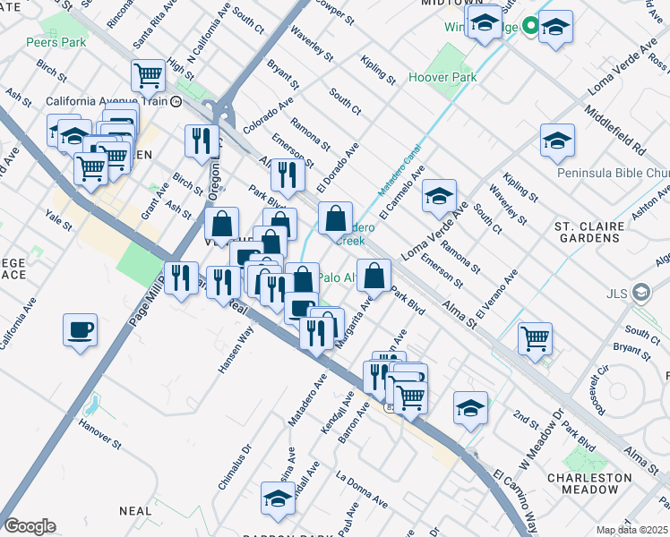 map of restaurants, bars, coffee shops, grocery stores, and more near 231 Lambert Avenue in Palo Alto
