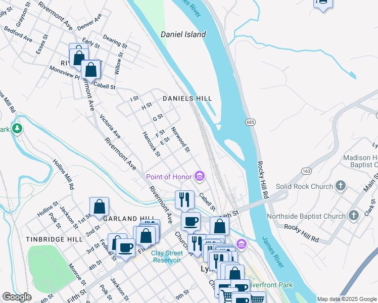 map of restaurants, bars, coffee shops, grocery stores, and more near 321 Johnson Street in Lynchburg