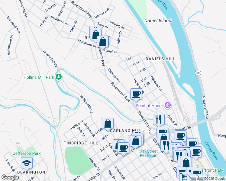map of restaurants, bars, coffee shops, grocery stores, and more near 805 Rivermont Avenue in Lynchburg