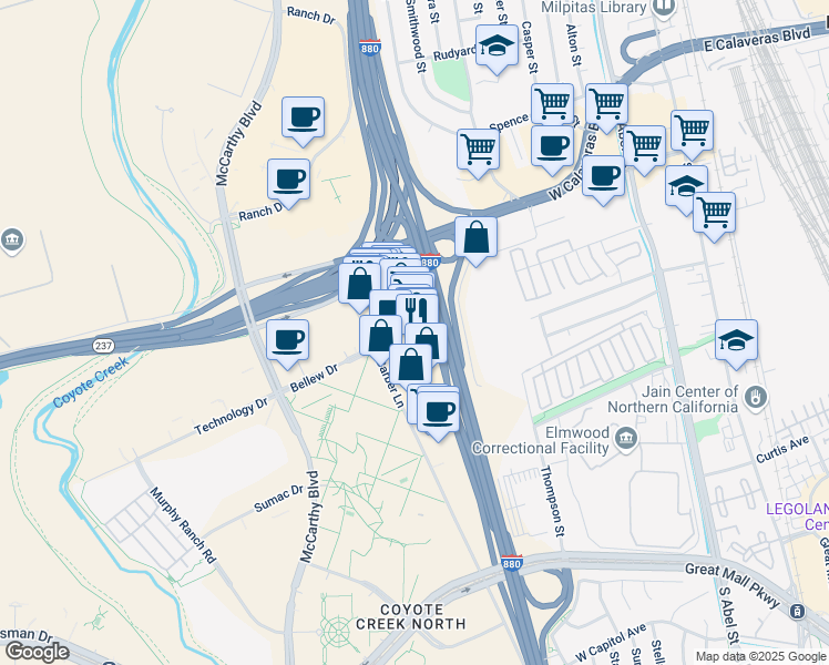 map of restaurants, bars, coffee shops, grocery stores, and more near 338 Barber Lane in Milpitas