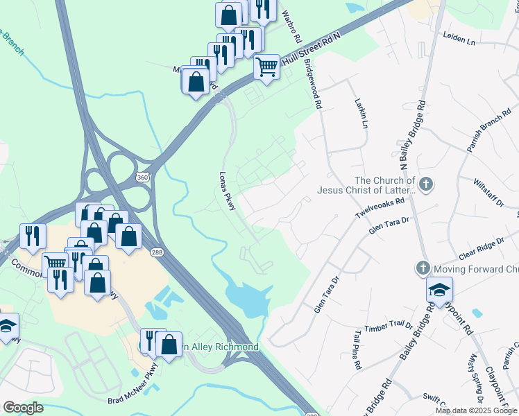 map of restaurants, bars, coffee shops, grocery stores, and more near 12520 Wescott Drive in Midlothian