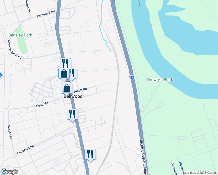 map of restaurants, bars, coffee shops, grocery stores, and more near 2502 Troycott Place in Richmond