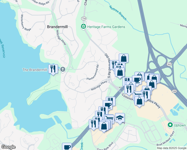 map of restaurants, bars, coffee shops, grocery stores, and more near 13201 Farm Brook Court in Midlothian