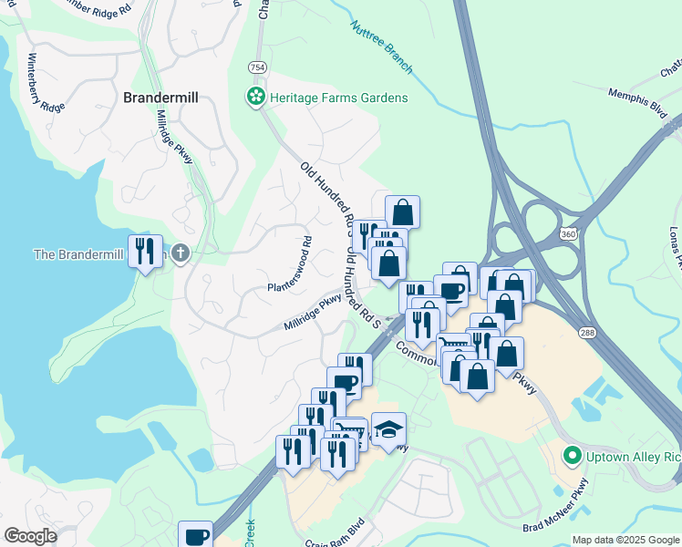 map of restaurants, bars, coffee shops, grocery stores, and more near 13101 Morning Hill Lane in Midlothian