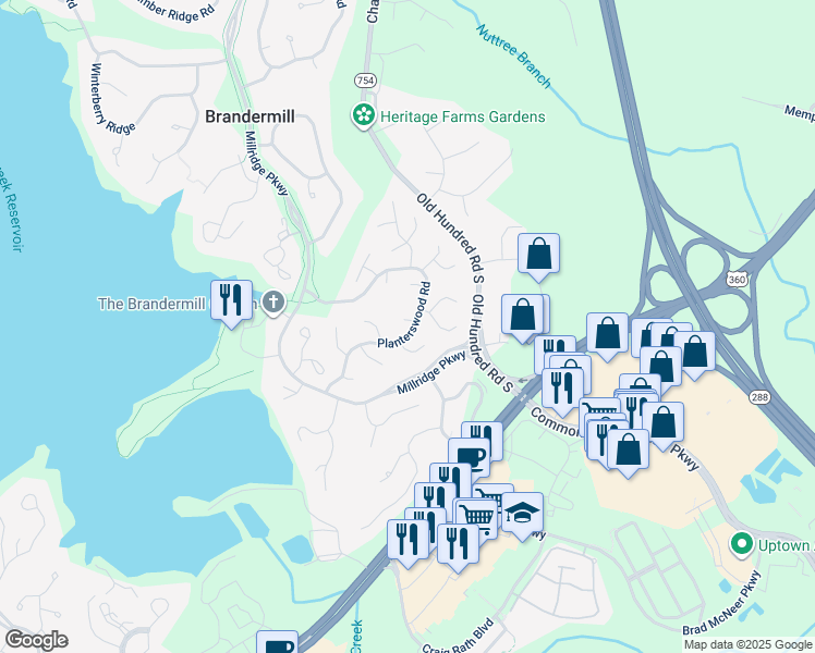 map of restaurants, bars, coffee shops, grocery stores, and more near 13201 Farm Brook Court in Midlothian