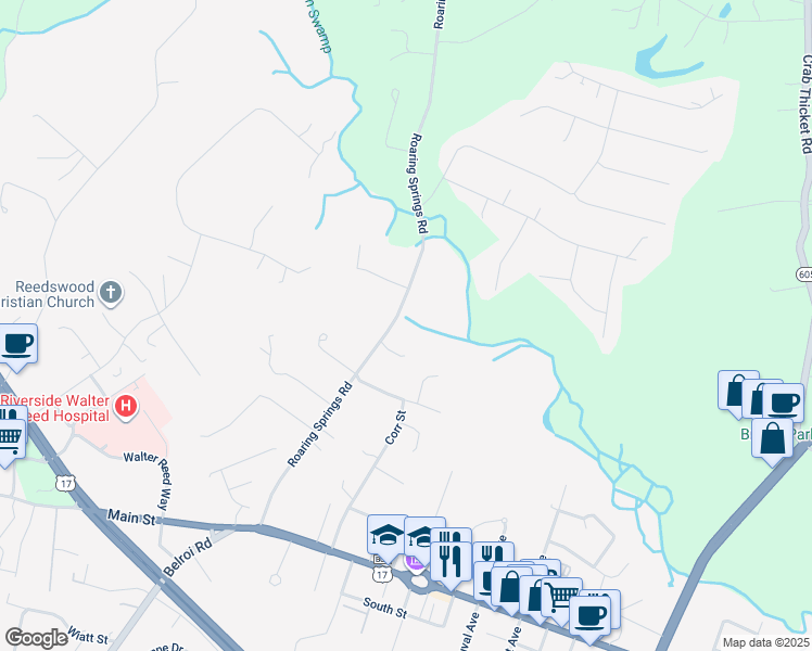 map of restaurants, bars, coffee shops, grocery stores, and more near 7709 Roaring Springs Road in Gloucester Courthouse