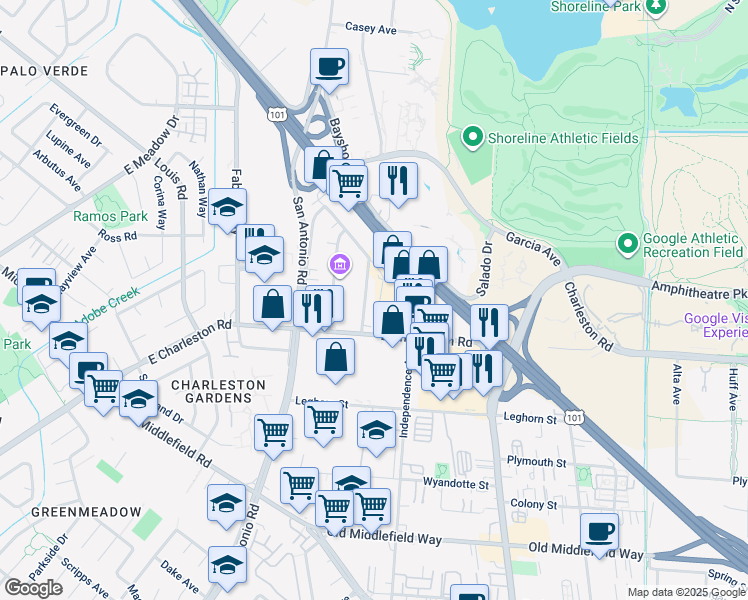 map of restaurants, bars, coffee shops, grocery stores, and more near 948 Industrial Avenue in Palo Alto