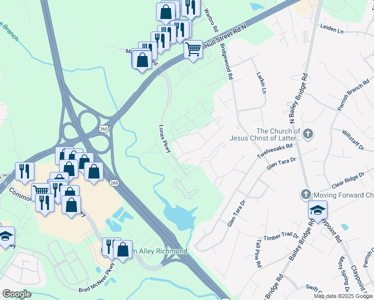 map of restaurants, bars, coffee shops, grocery stores, and more near 12520 Wescott Drive in Midlothian