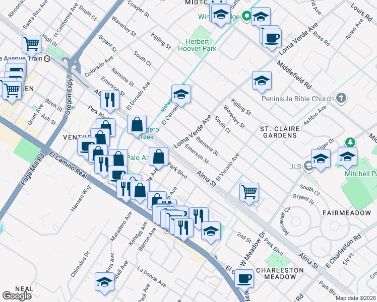 map of restaurants, bars, coffee shops, grocery stores, and more near 3158 Emerson Street in Palo Alto