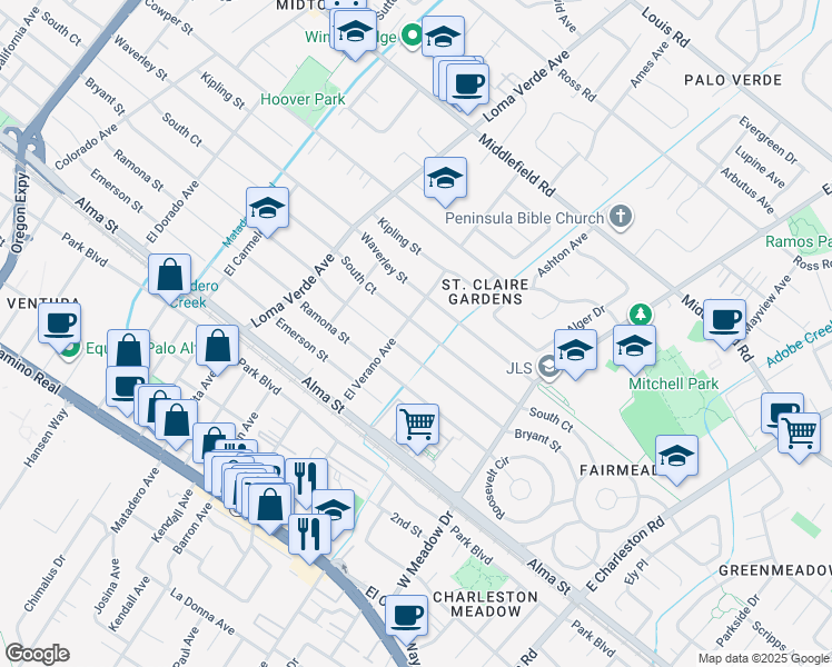 map of restaurants, bars, coffee shops, grocery stores, and more near 3324 South Court in Palo Alto