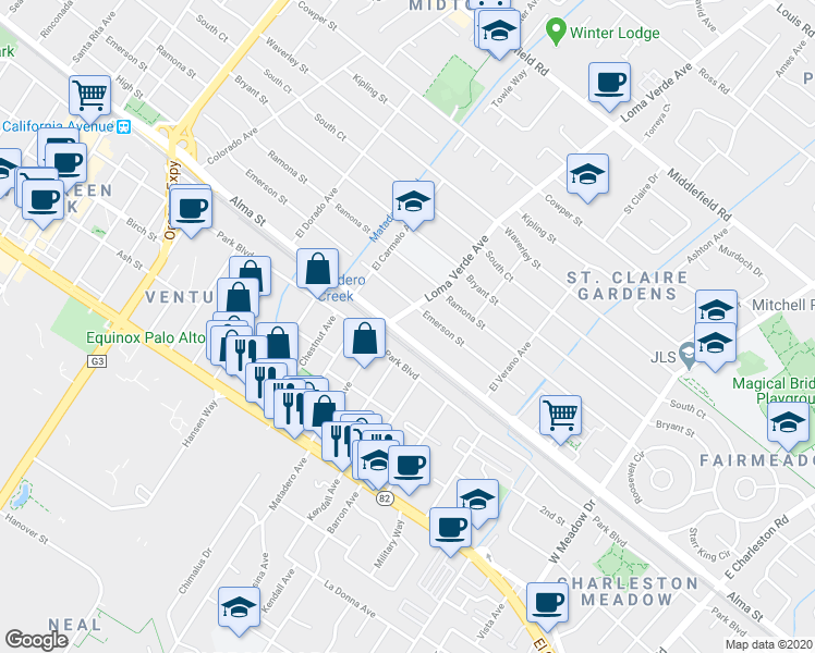 map of restaurants, bars, coffee shops, grocery stores, and more near in Palo Alto