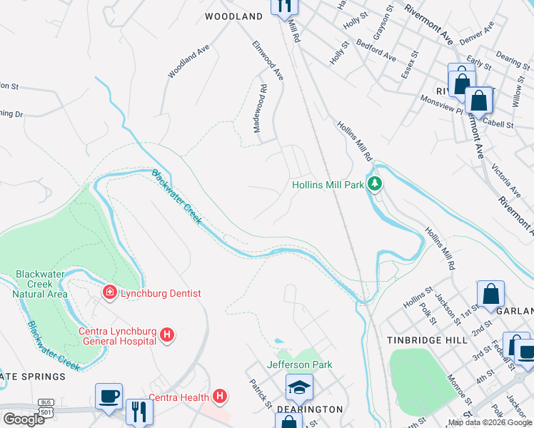map of restaurants, bars, coffee shops, grocery stores, and more near 600 Elmwood Avenue in Lynchburg